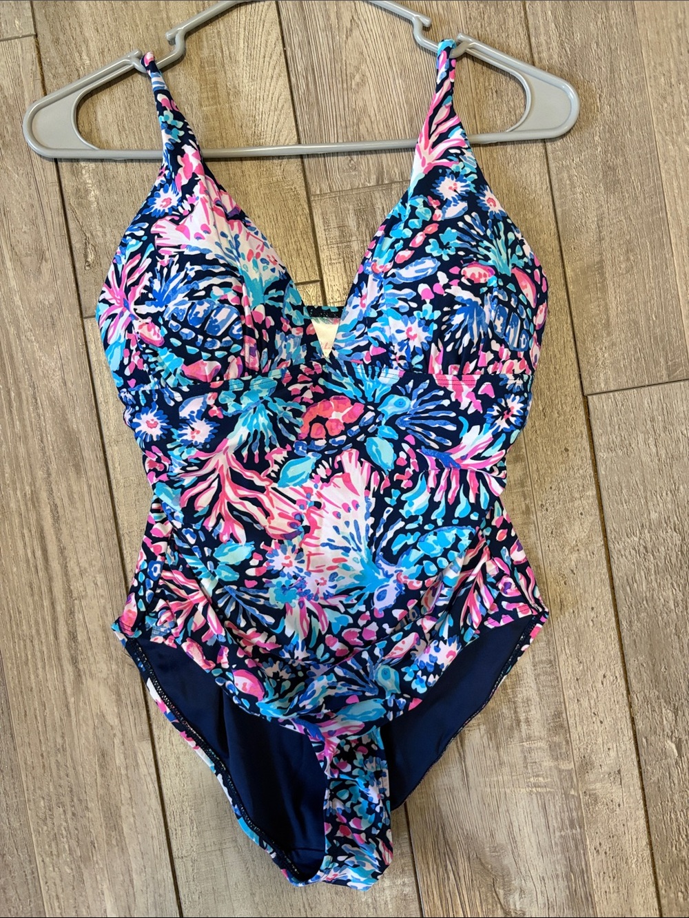 Floral Navy One-Piece Swimsuit with Pink & Turquoise Accents - Picture 1 of 4